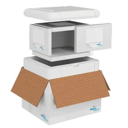-Standard Complete 3,4box: Outer box and Shields cardboard, insulating box EPS. -RTP 3,4-box: Outer box and Shileds twinwall plastic, insulation box EPS.
