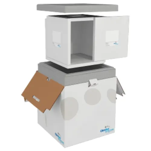 Standard Complete 350-box: Outer box and Shields cardboard, insulating box EPS. RTP 350-box: Outer box and Shields twinwall plastic, insulation box EPS.